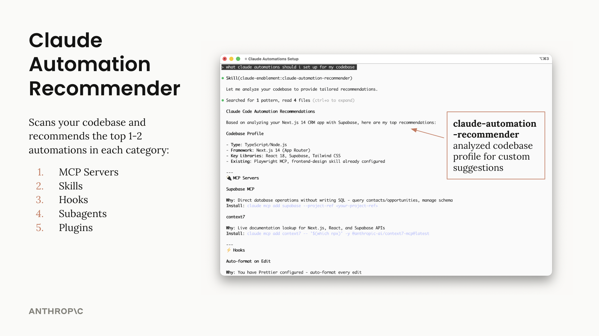 Automation recommender analyzing a codebase and providing tailored recommendations