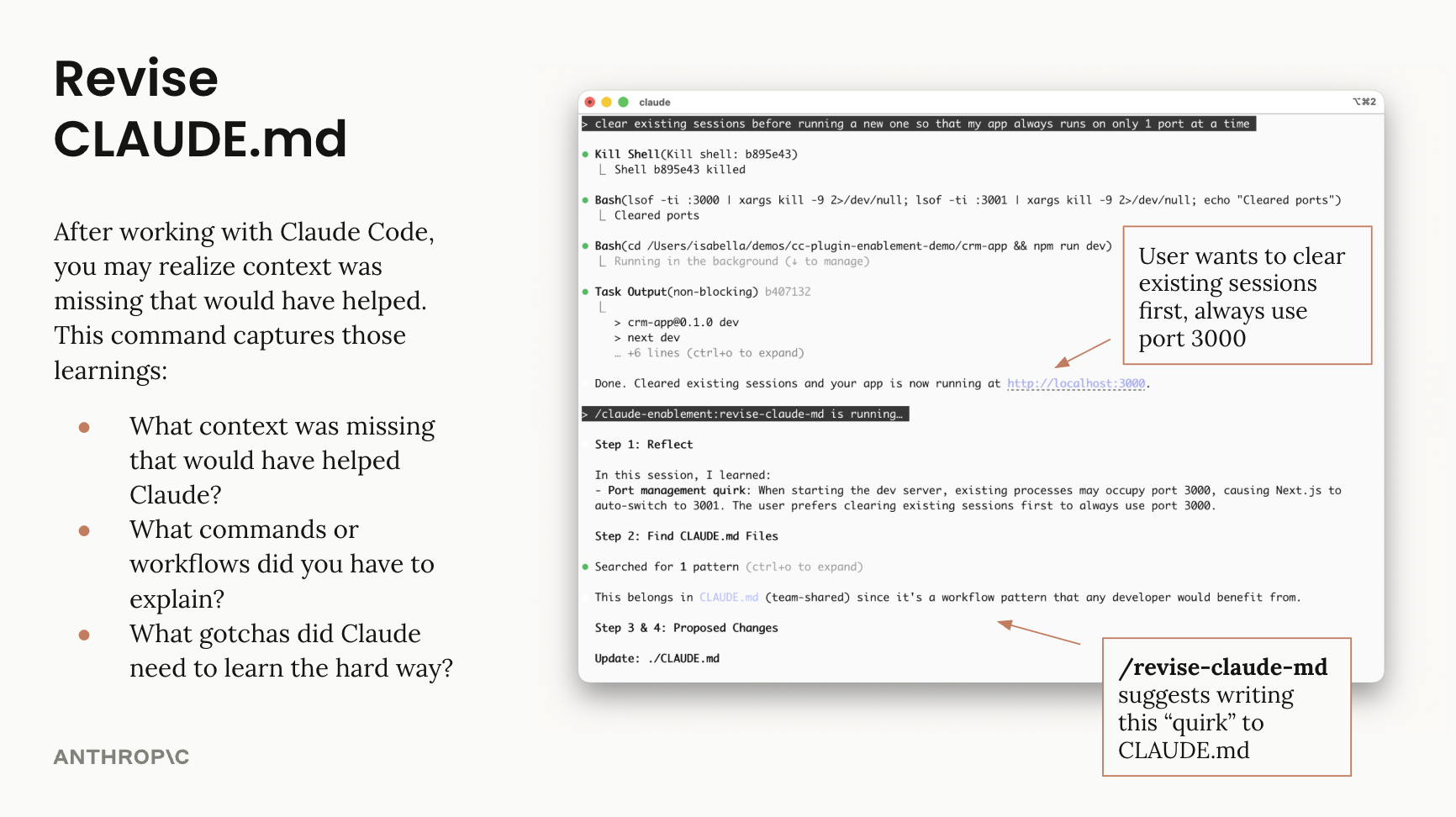 Revise command capturing session learnings into CLAUDE.md